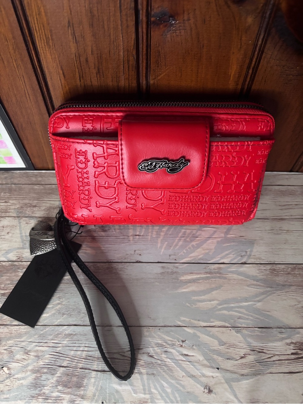 Ed Hardy Red Embossed Wristlet Wallet New